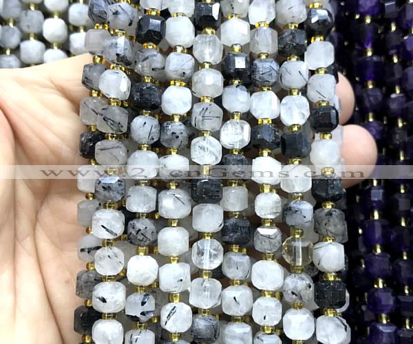 CCU1356 15 inches 6mm - 7mm faceted cube black rutilated quartz beads