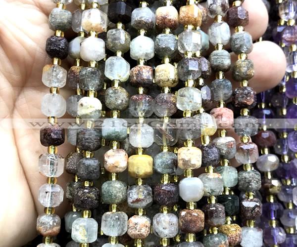 CCU1359 15 inches 6mm - 7mm faceted cube green phantom quartz beads