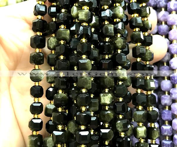 CCU1407 15 inches 6mm - 7mm faceted cube golden obsidian beads