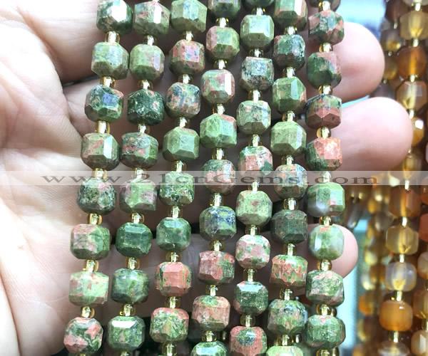 CCU1431 15 inches 6mm - 7mm faceted cube unakite gemstone beads