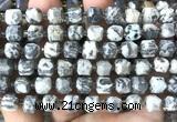 CCU1479 15 inches 8mm - 9mm faceted cube grey picture jasper beads