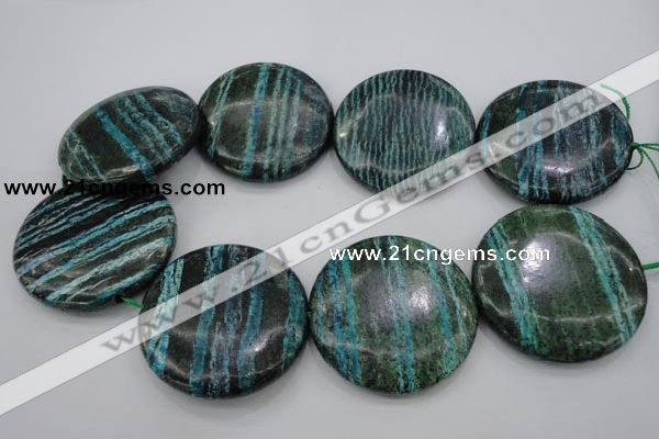 CSJ221 15.5 inches 50mm flat round dyed green silver line jasper beads