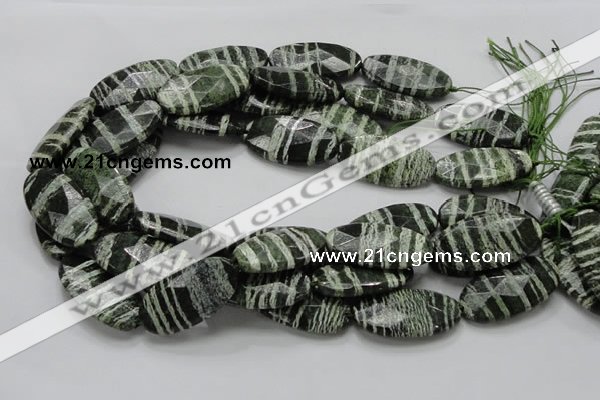 CSJ81 15.5 inches 20*40mm faceted oval green silver line jasper beads