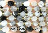 CTW557 8mm faceted & twisted S-shaped black rutilated quartz beads