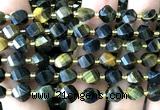 CTW568 8mm faceted & twisted S-shaped yellow & blue tiger eye beads