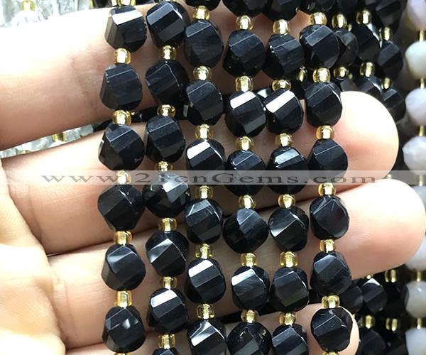 CTW581 15 inches 8mm faceted & twisted S-shaped black onyx beads