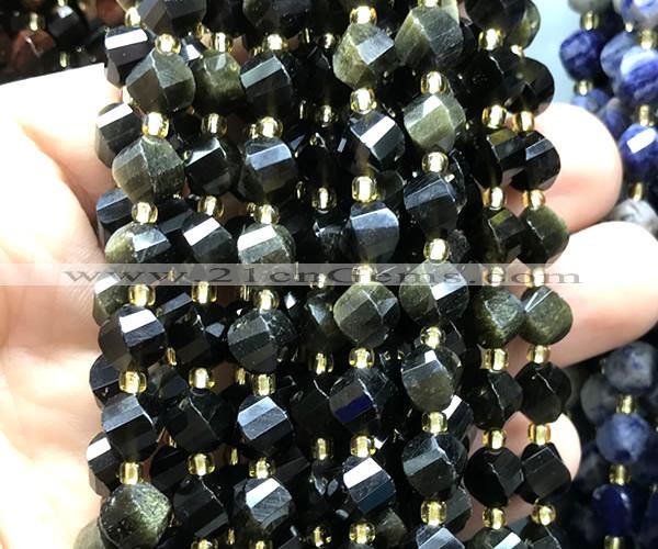 CTW590 15 inches 8mm faceted & twisted S-shaped golden obsidian beads