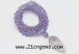 GMN4053 Hand-knotted 8mm, 10mm amethyst 108 beads mala necklace with pendant